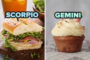 On the left, an Italian sub labeled Scorpio, and on the right, a carrot cake cupcake labeled Gemini