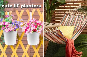 two cute hanging planters with flowers in each, a striped hammock