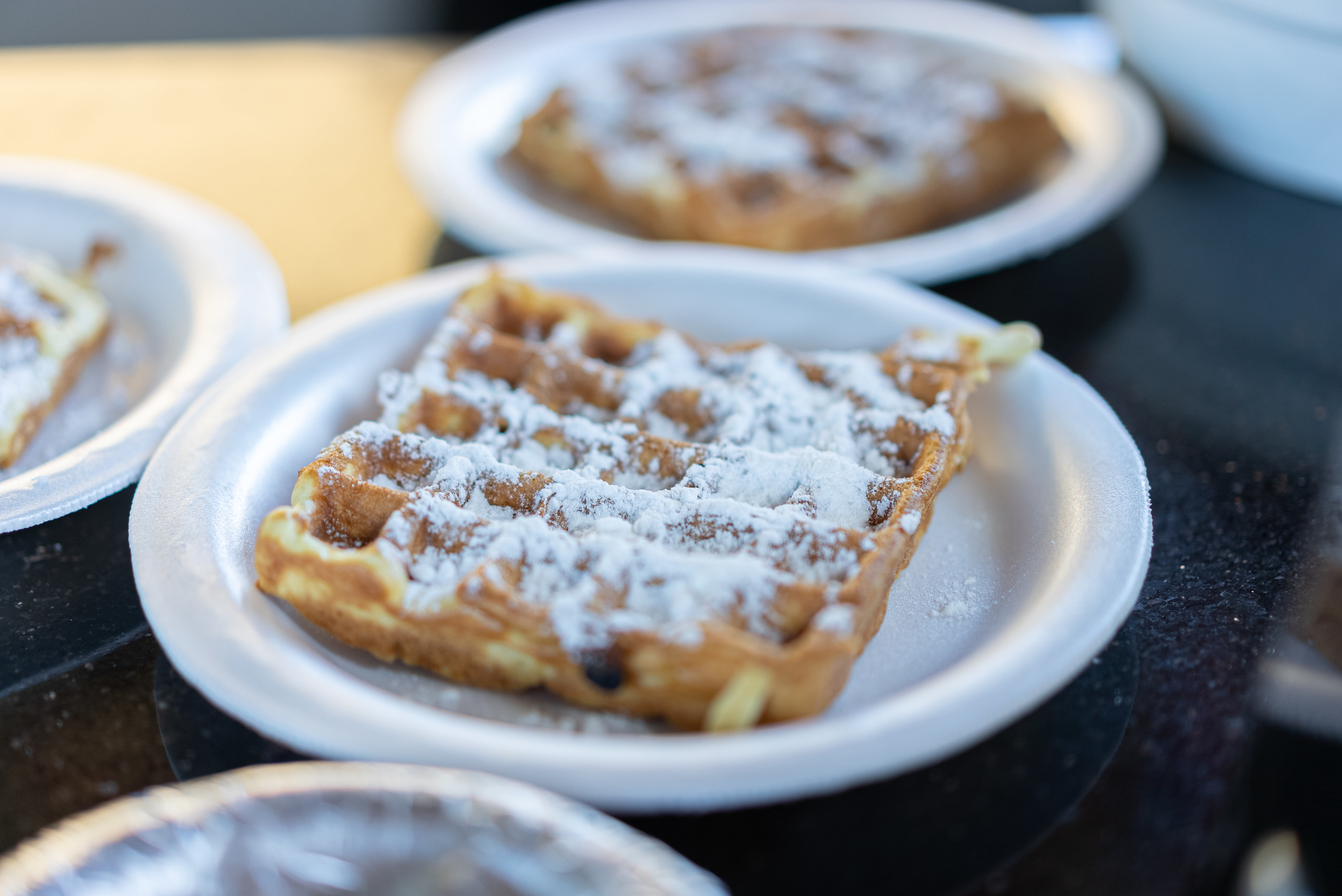 Powdered sugar on a homemade waffle