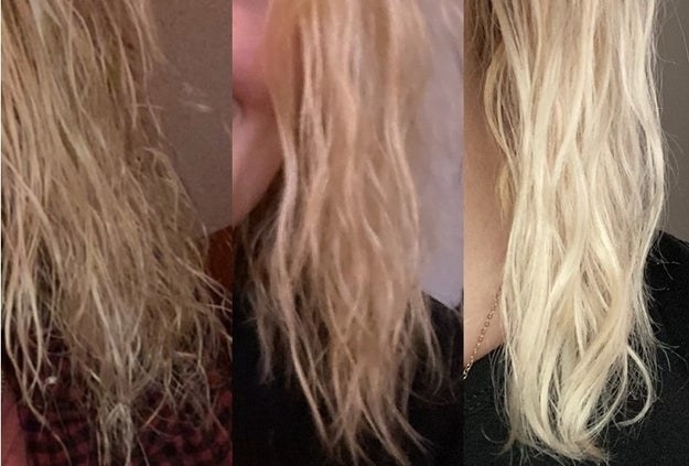 A reviewer&#x27;s blonde hair before the treatment, their hair after the first treatment and their hair after the second treatment