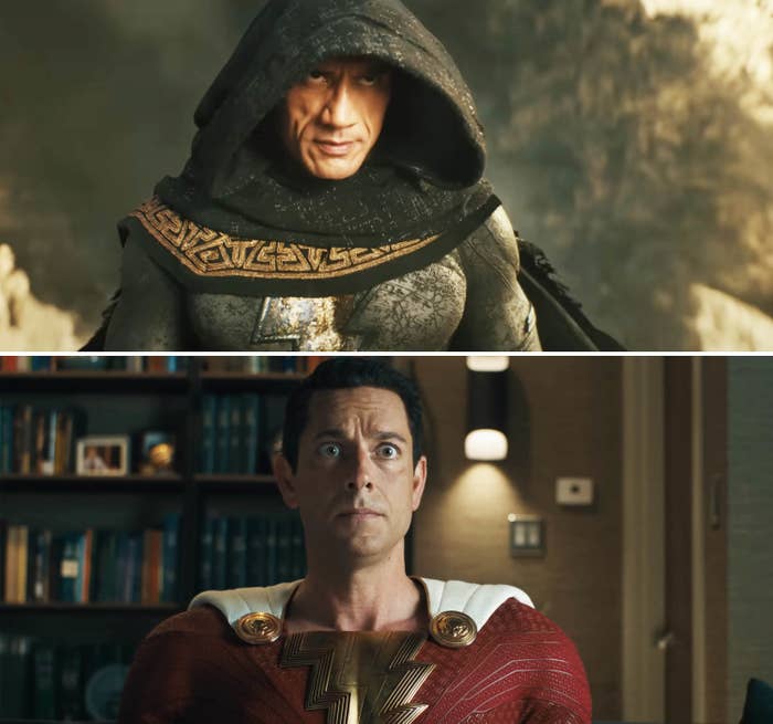 Dwayne Johnson in Black Adam and Zachary Levi in Shazam as their respective titular characters