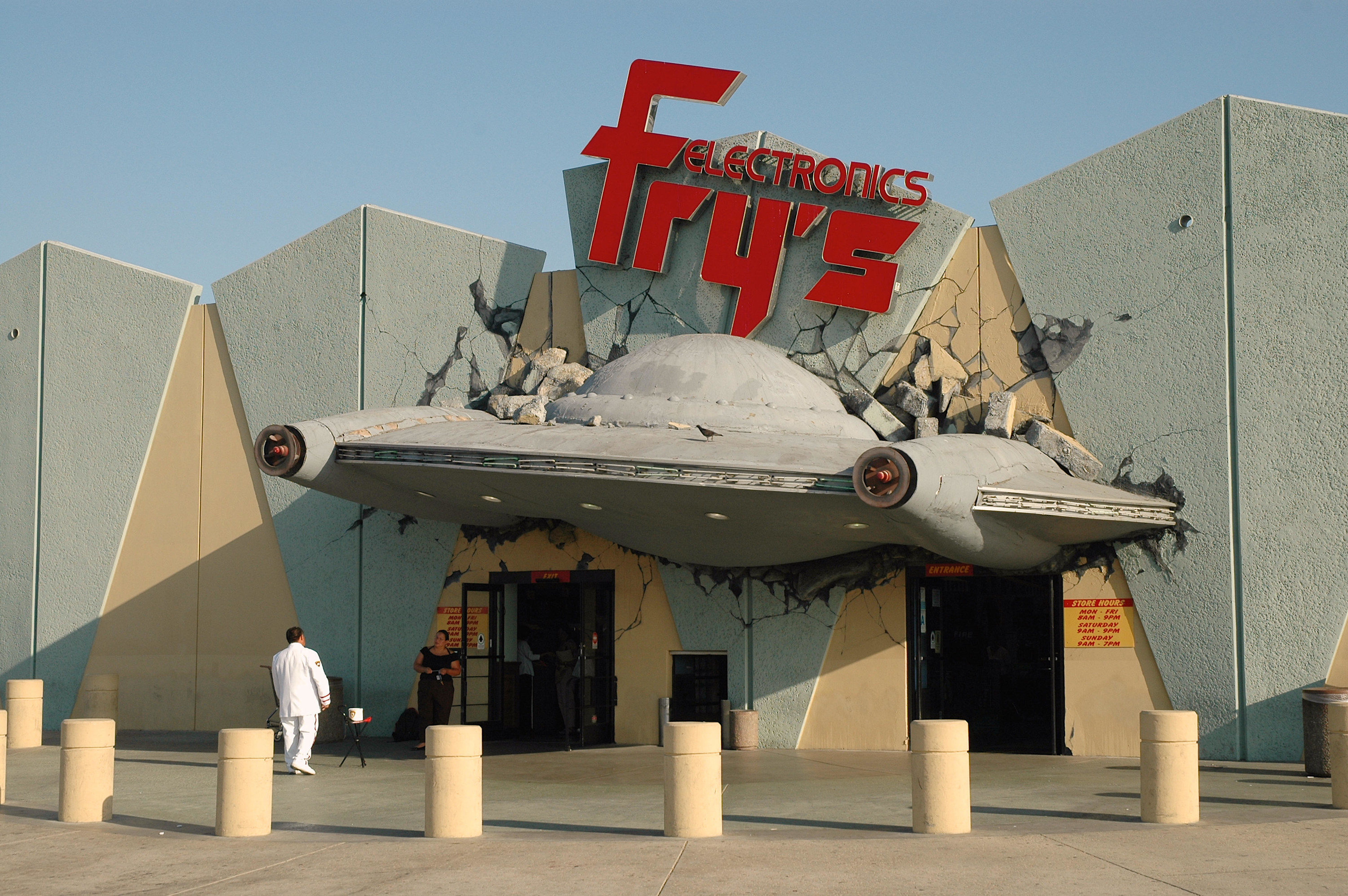 the fry&#x27;s electronics in burbank with a crashed ufo sticking out of it