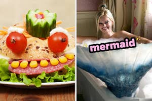 On the left, a salami sandwich on a seeded bun with corn kernels for teeth, tomatoes for eyes, and a cucumber cut to look like a crown on top, and on the right, Aquamarine the mermaid from the movie Aquamarine