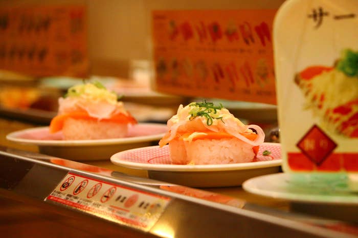 Conveyor belt sushi in Japan.