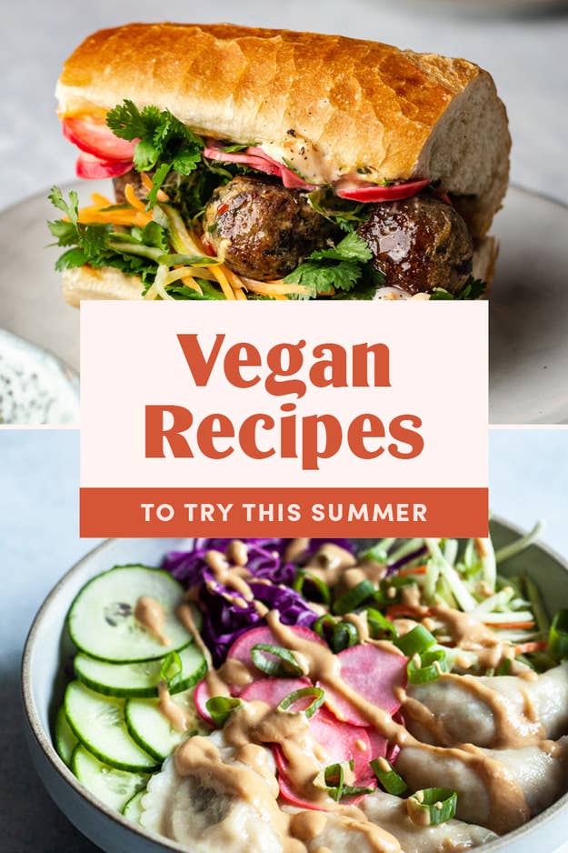 a salad and sandwich with the banner &quot;vegan recipes to try this summer&quot;