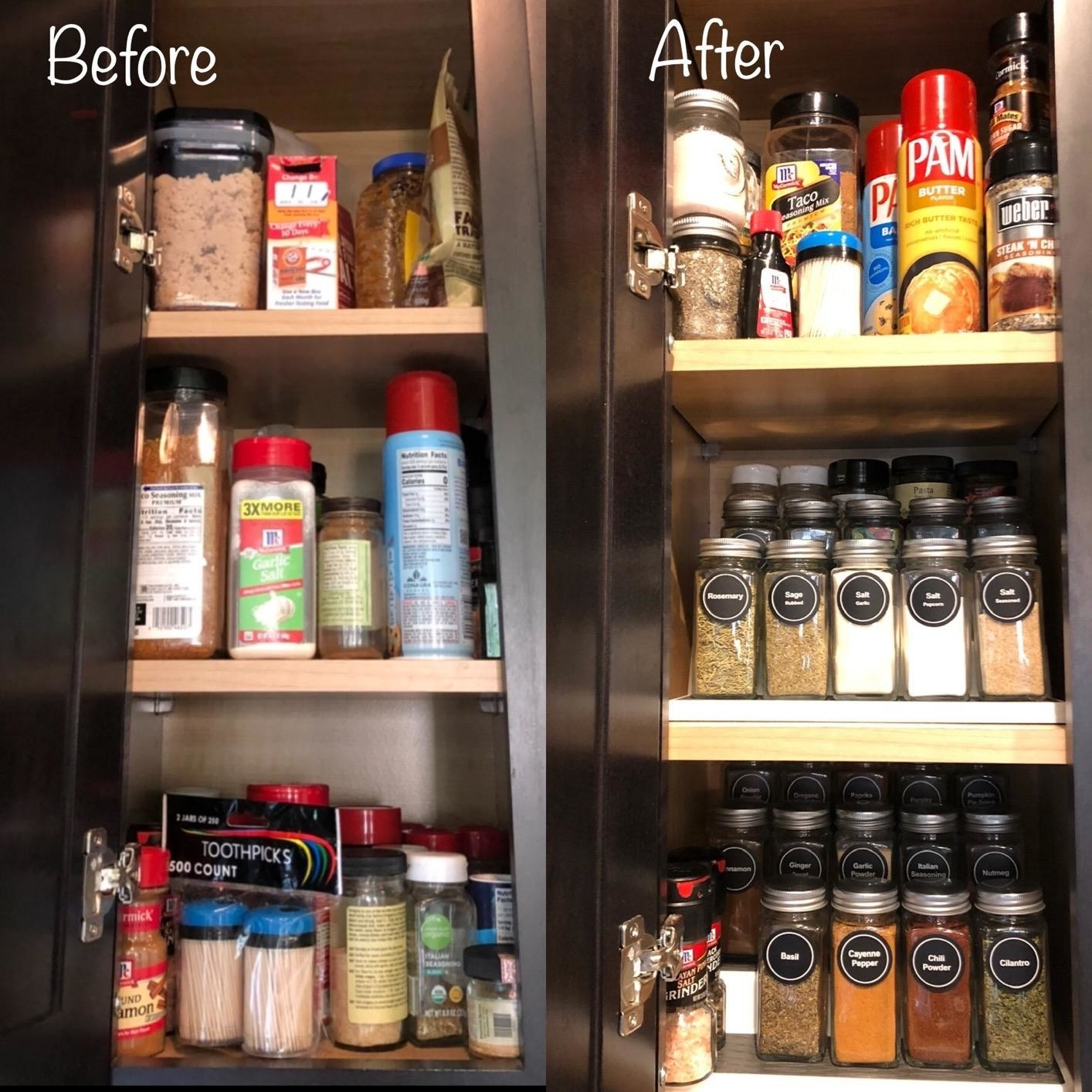 Reviewer&#x27;s cabinet before and after various bottles and spices placed on three-tiered stand