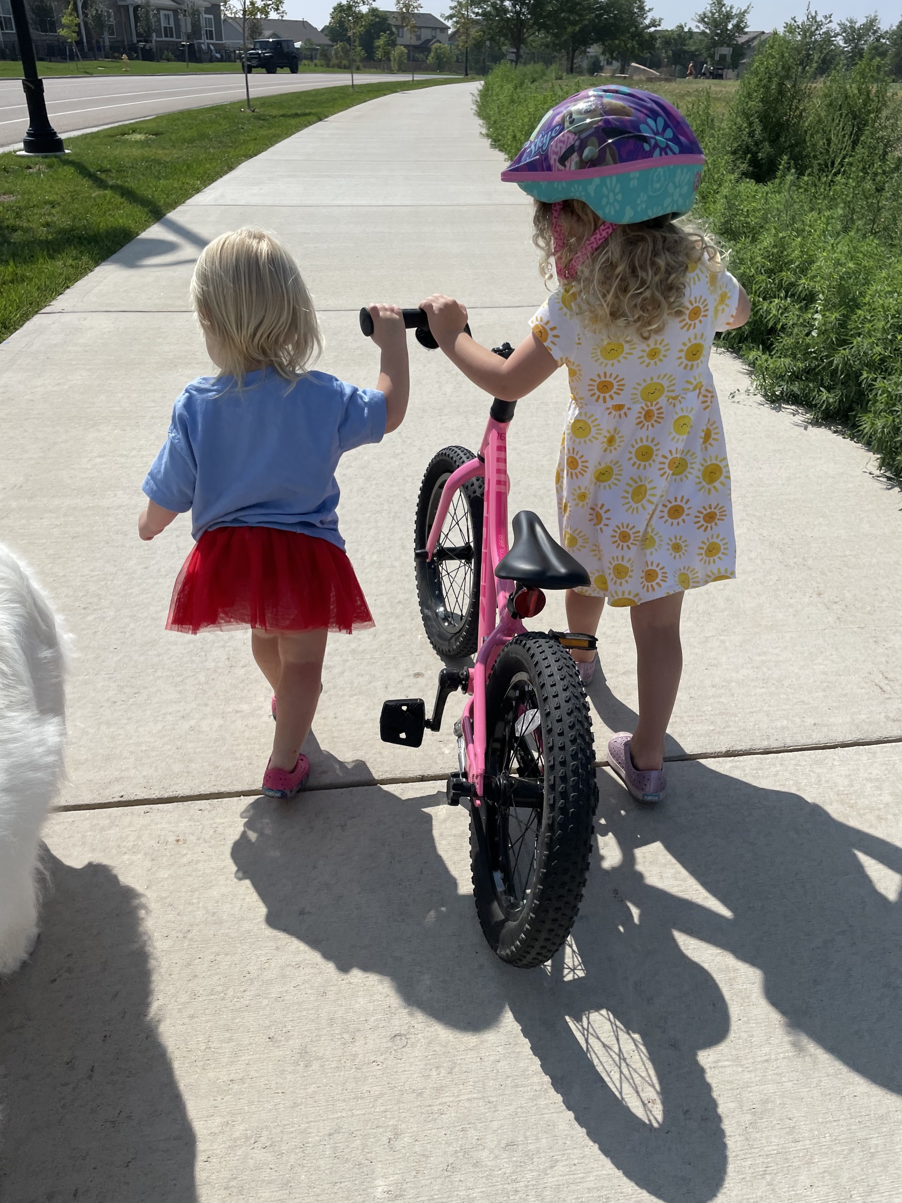author&#x27;s daughters pushing a bike