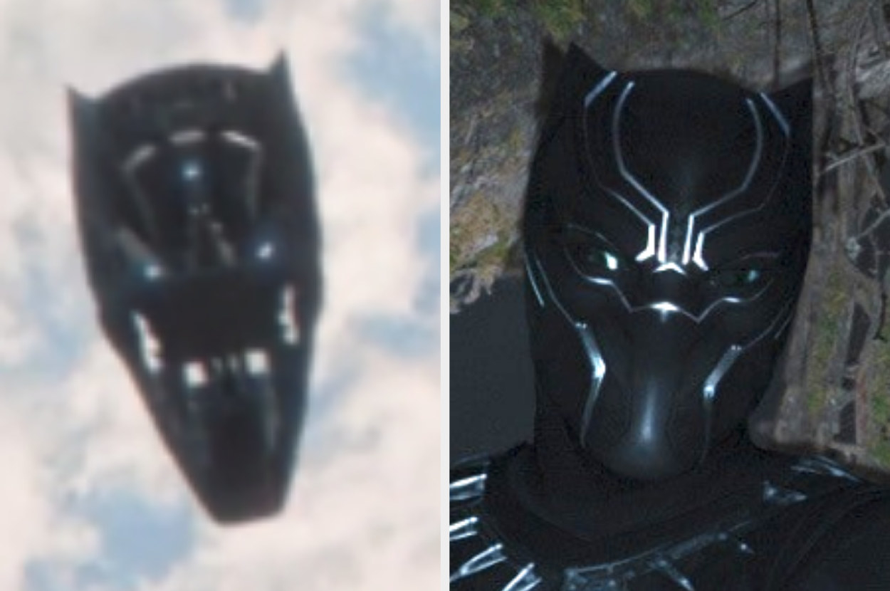 A side-by-side comparison showing that the underside view of the ship looks just like Black Panther&#x27;s mask