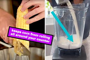 cutting corn with knife over bundt pan keeps corn from rolling all around your counter, arrow pointing to white liquid getting poured into blender