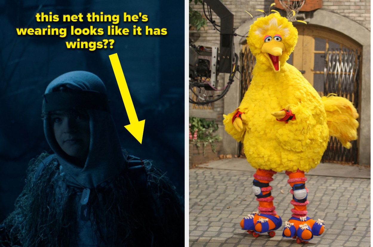 A side by side of Dustin and Big Bird from Sesame Street