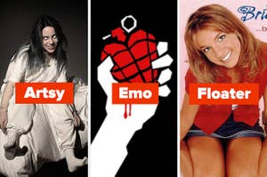 When We All Fall Asleep Where Do We Go album cover labeled "Artsy," American Idiot album cover labeled "Emo," and "Baby One More Time" album cover labeled "Floater"
