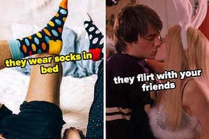 On the left, someone wearing socks labeled they wear socks in bed, and on the right, Aaron and Regina from Mean Girls kissing labeled they flirt with your friends