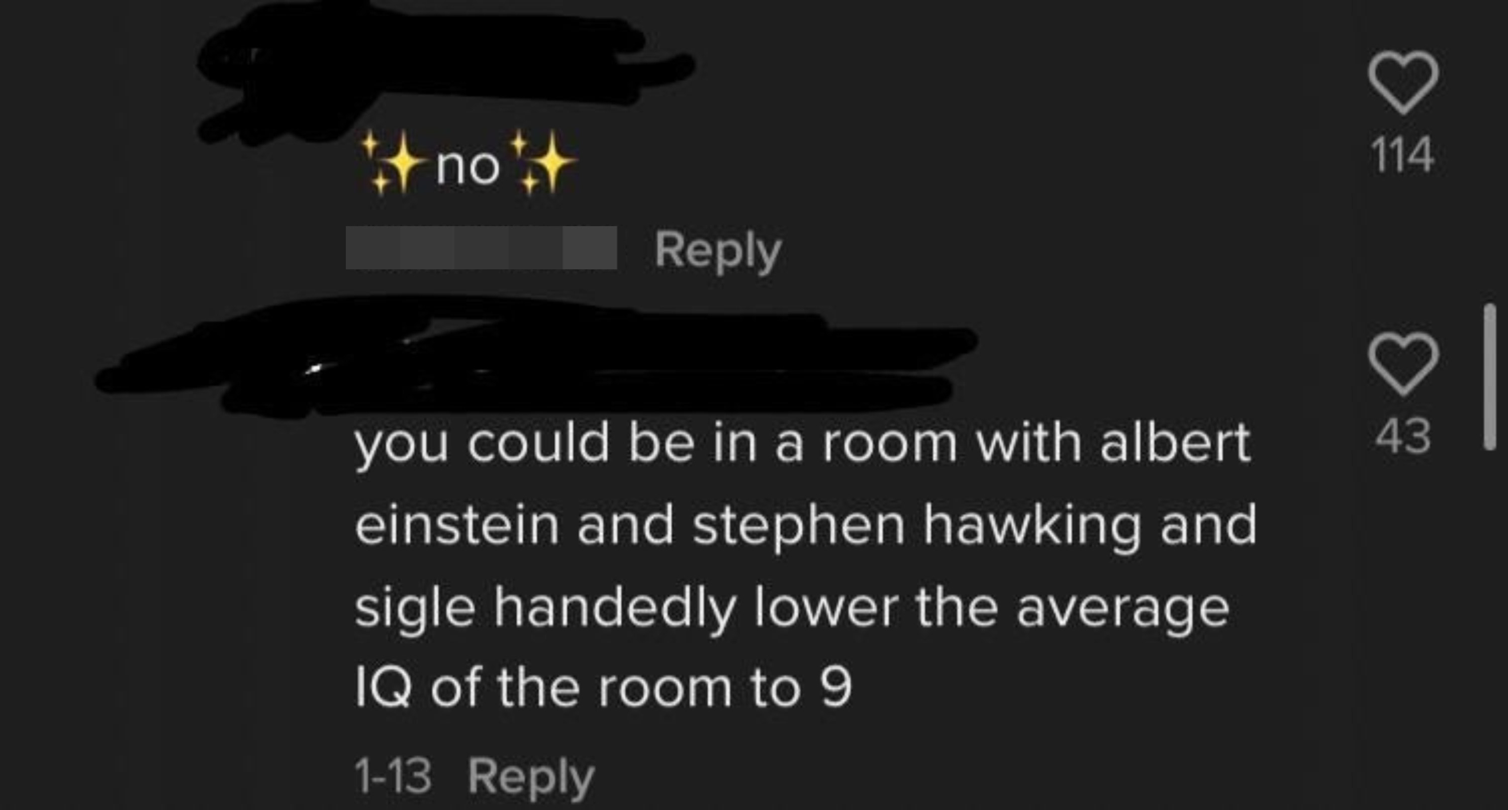 person saying if you were in a room with einstein and stephen hawking youd lower the iq to 9