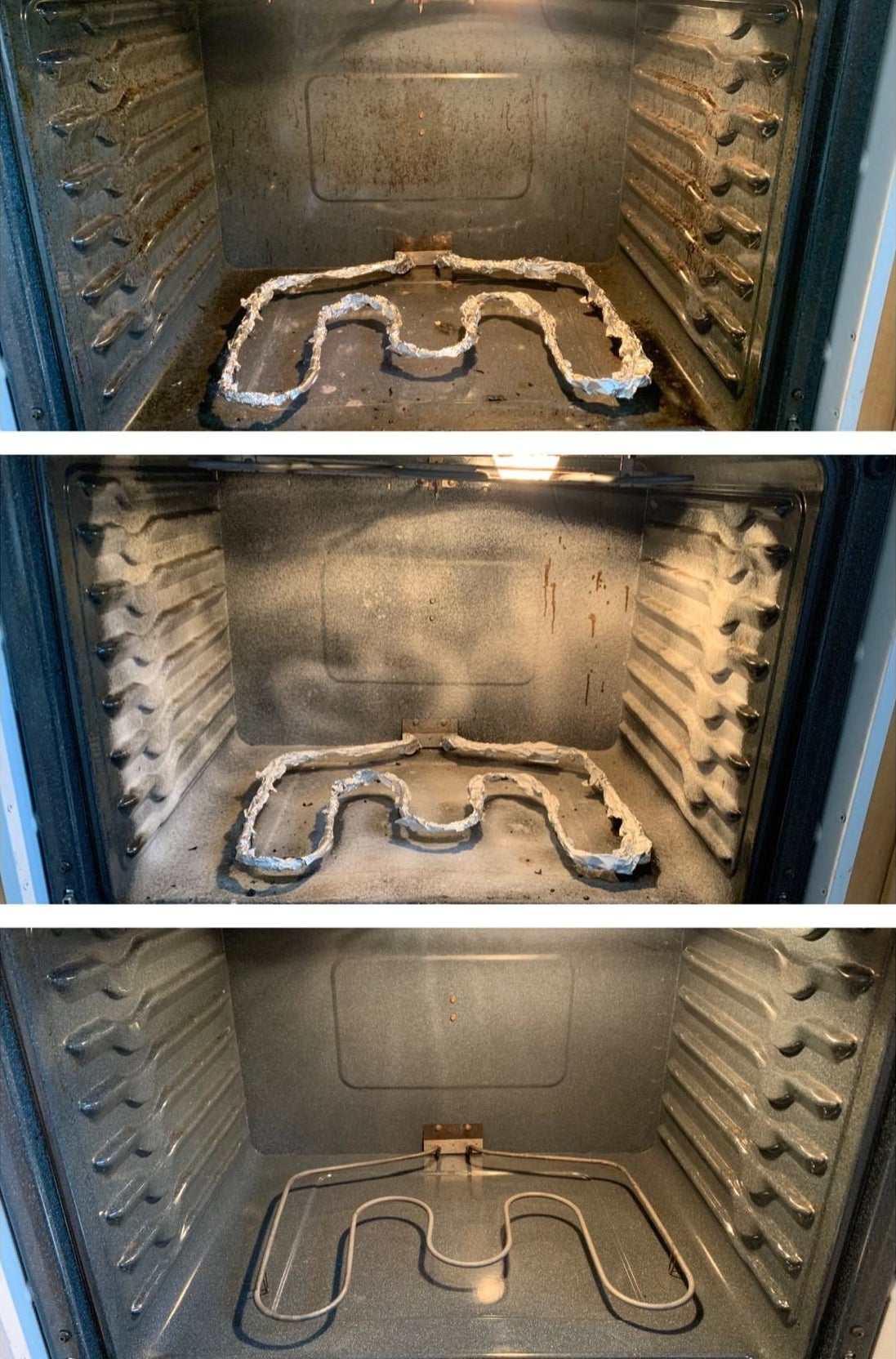 A reviewer&#x27;s before photo of oven with brown and black stains on the back and a Reviewer&#x27;s during photo of product on oven and reviewer&#x27;s after photo of  a clean oven