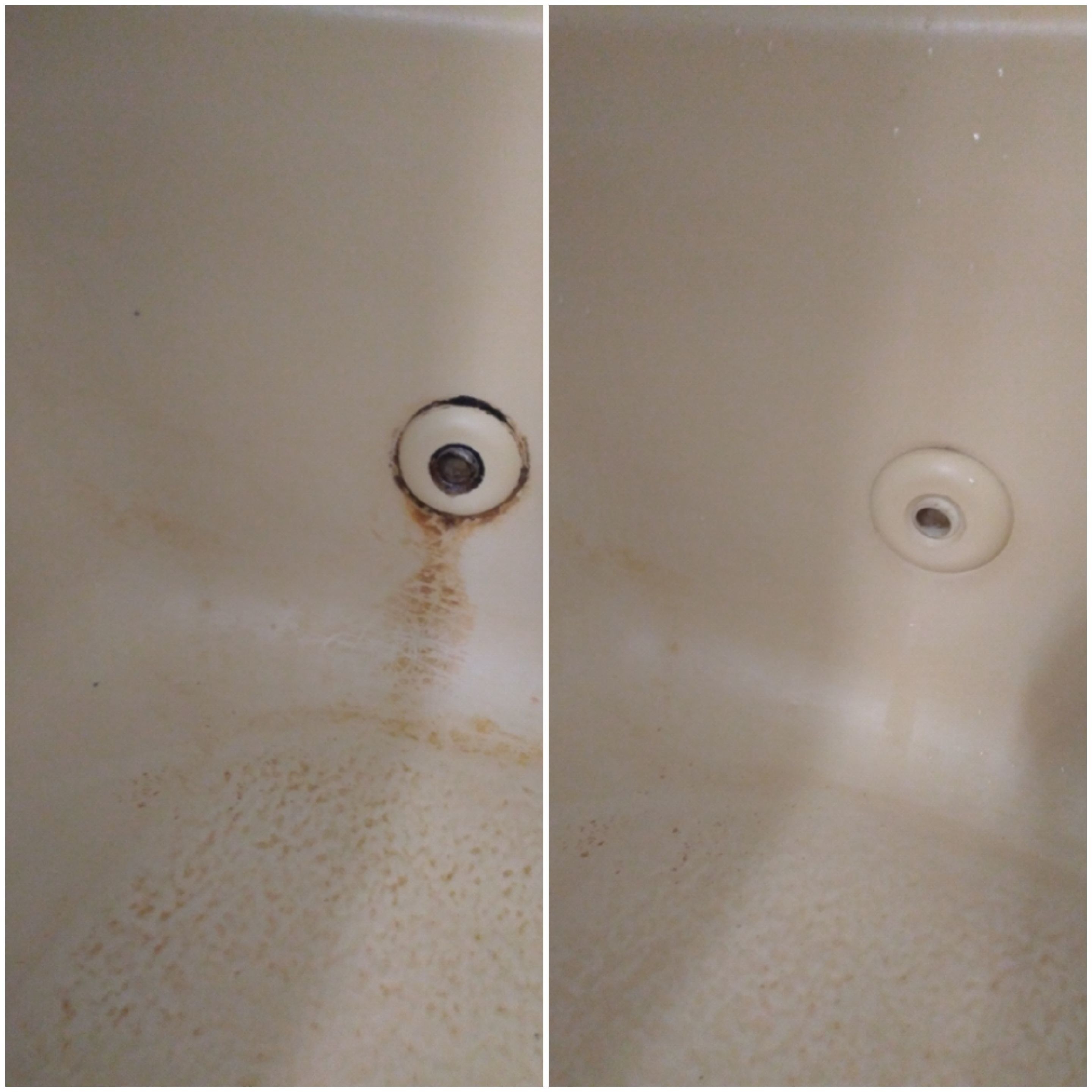 a before and after photo of a tub drain with brown stains and then without the stains after using the cleaning tools