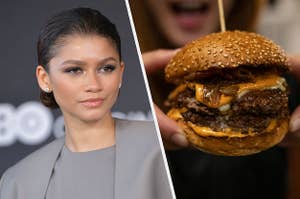 Zendaya wears a light colored suit and two hands hold a double cheeseburger 