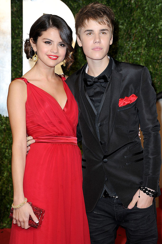 selena in a long dress with justin beiber