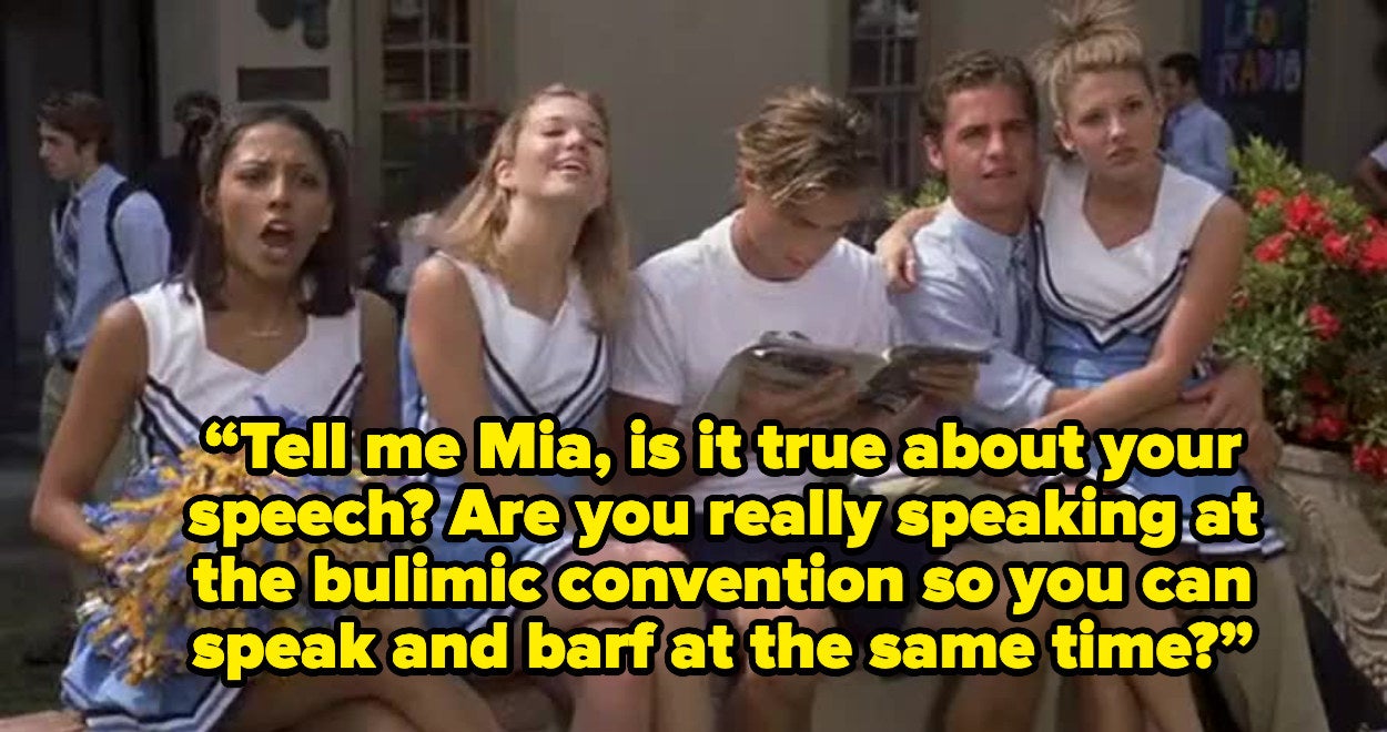 group of cheerleaders asking mia if she&#x27;s speaking at the bulimic convention