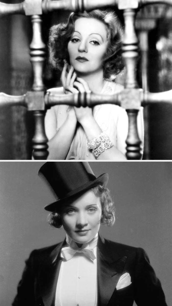 Tallulah in a close-up and Marlene in a bow tie and top hat