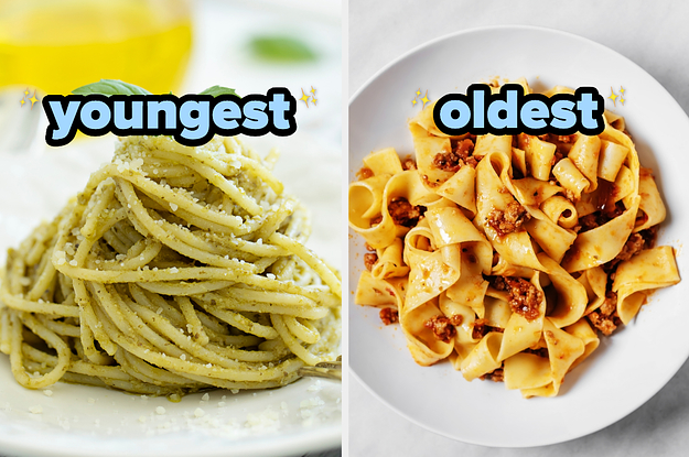 On the left, some pesto pasta labeled youngest, and on the right, some pasta with meat sauce labeled oldest