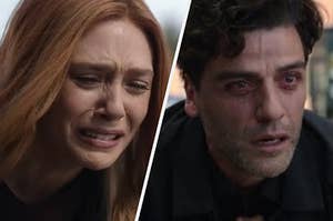 A close up of Wanda Maximoff and Marc Spector as they cry