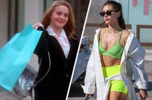 Cher Horowitz holds a bright colored shopping bag and Hailey Bieber wears a neon colored work out outfit under an oversized button up shirt