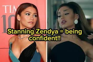 Zendaya wears a dark strapless gown and Ariana Grande flips her hair over her shoulder