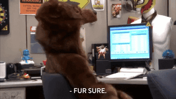 gif of character from workaholics wearing a bear suit swiveling in an office chair and saying fur sure