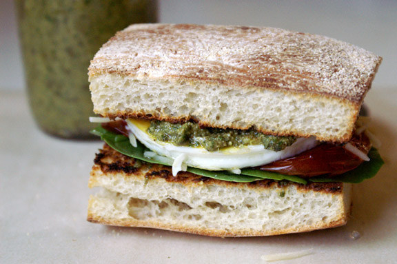 Egg Sandwich With Basil Pesto and Roasted Tomatoes