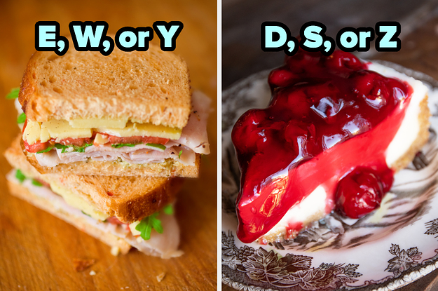 On the left, a turkey sandwich labeled E, W, or Y, and on the right, a slice of cheesecake topped with cherries labeled D, S, or Z