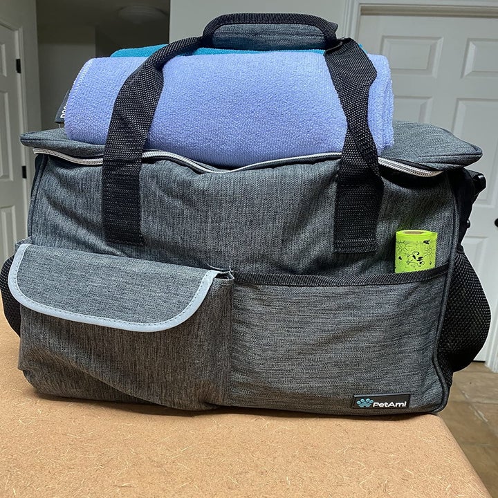 reviewer pic of the gray bag