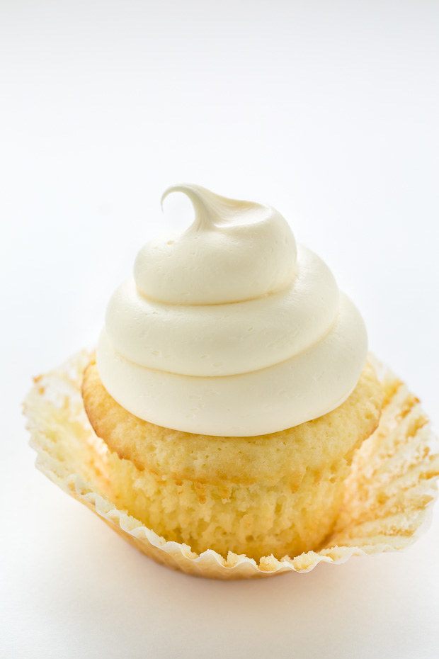 A vanilla cupcake with vanilla icing.