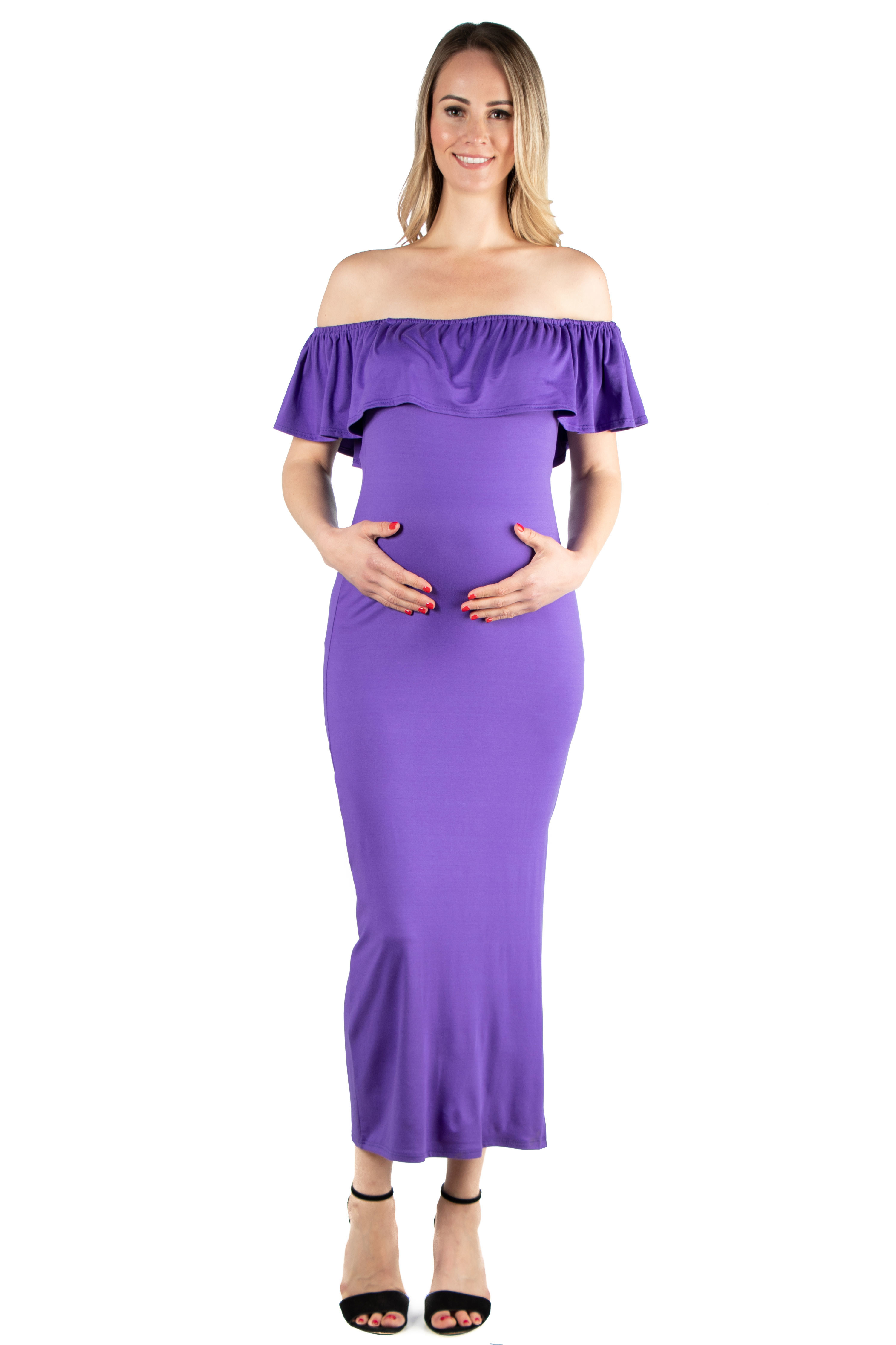 model wearing purple dress with black sandals