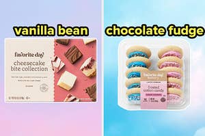 On the left, some cheesecake bites labeled vanilla bean, and on the right, some frosted cotton candy sugar cookies labeled chocolate fudge