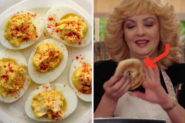 On the left, some deviled eggs, and on the right, Beverly from The Goldbergs holding a bagel with an arrow pointing to it