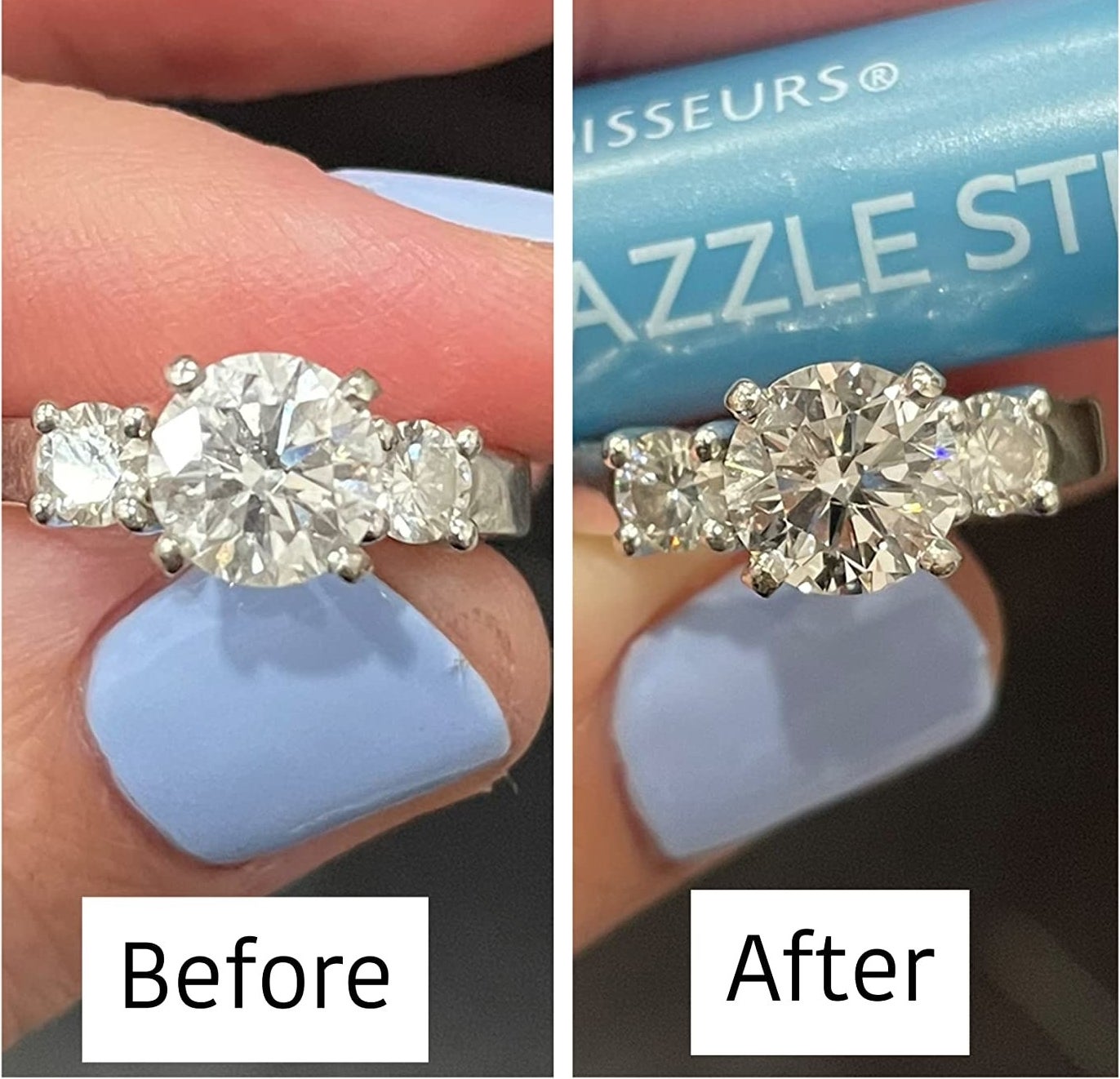 Review photo of diamond ring before and after the portable jewelry cleaner