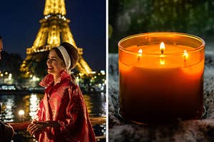 On the left, Emily from Emily in Paris standing in front of the Eiffel Tower, and on the right, a lit 3-wick candle