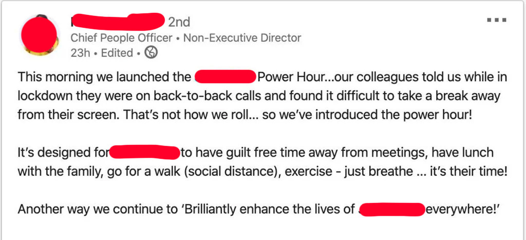 Someone announcing the launch of &quot;power hour,&quot; saying it&#x27;s an hour for people to eat, go for a walk, and have guilt-free time away from the computer in the middle of the day