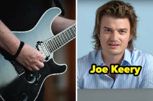 On the left, someone playing an electric guitar, and on the right, Joe Keery