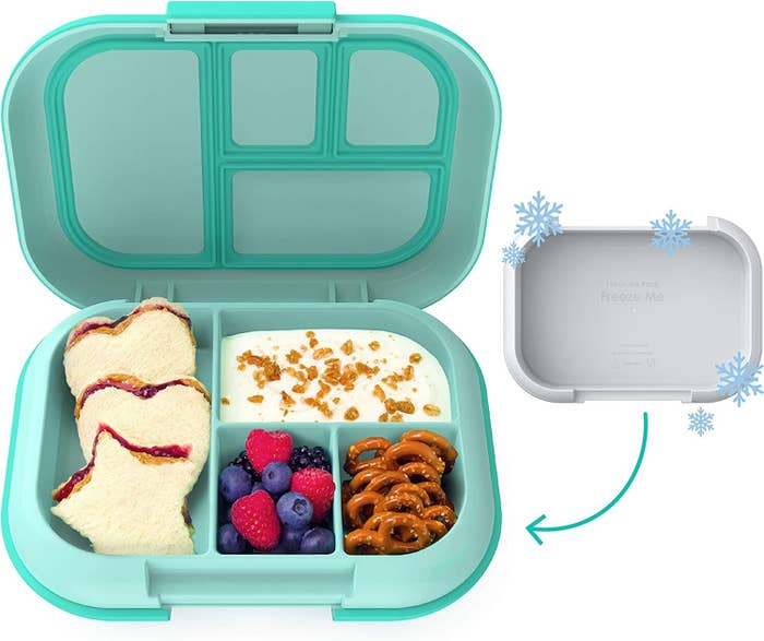 Aqua and gray lunch box with ice pack tray