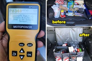 car diagnostic tool and a before and after of a disorganized car trunk