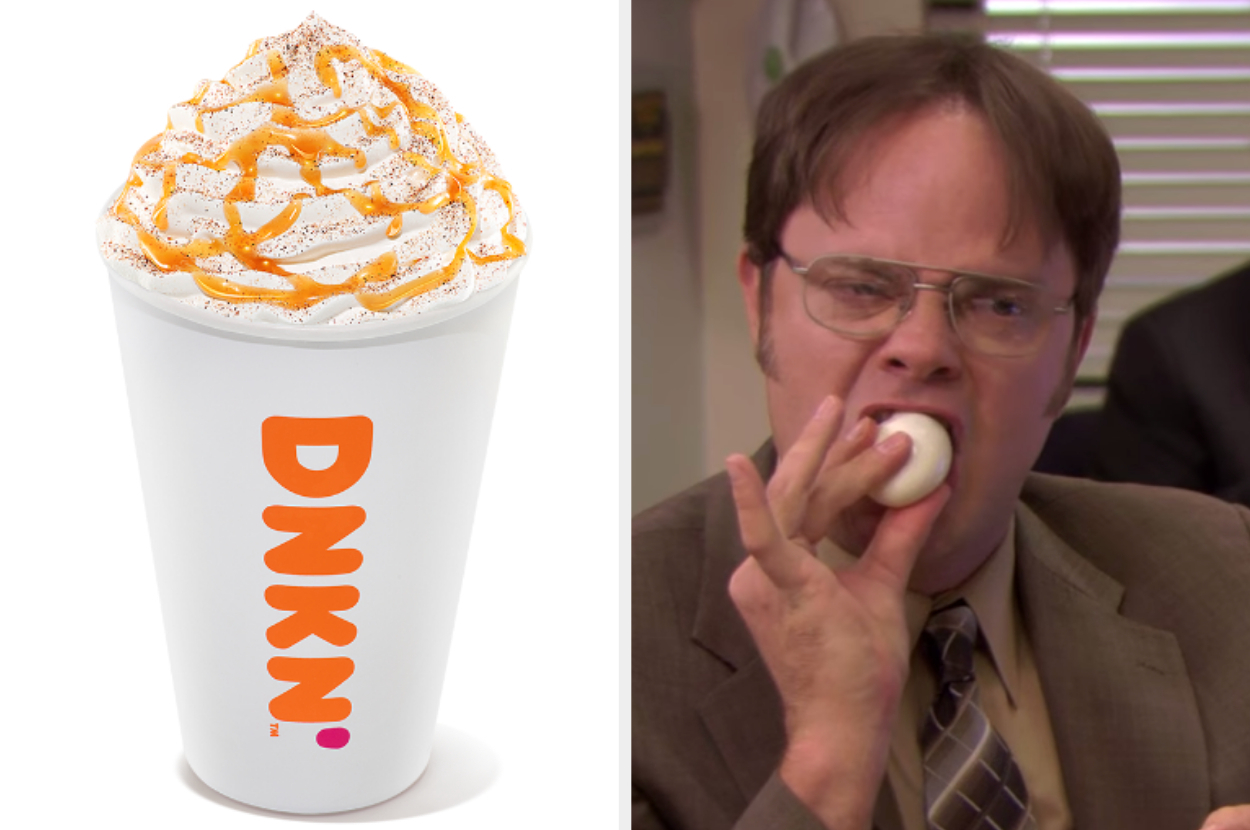On the left, a latte from Dunkin', and on the right, Dwight from The Office eating a hard-boiled egg