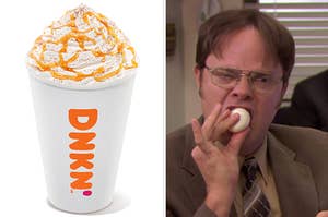 On the left, a latte from Dunkin', and on the right, Dwight from The Office eating a hard-boiled egg