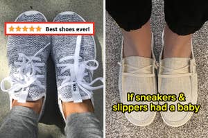 L: a reviewer wearing gray knit sneakers and a five-star review titled "Best shoes ever!", R: a reviewer wearing tan loafers and text reading "If sneakers & slippers had a baby"