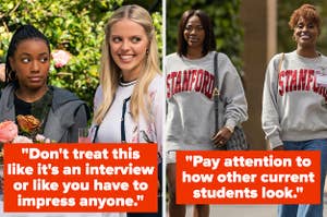 Left: Alyah Chanelle Scott as Whitney looks over to Renee Rapp as Leighton in "The Sex Lives of College Girls" Right: Issa Rae as Issa Dee walks next to Yvonne Orji as Molly Carter while wearing matching Stanford shirts in "Insecure"