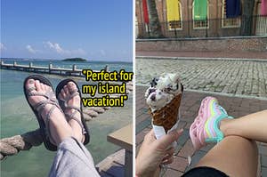 on left, pic of reviewer wearing gray strappy sandals while lounging on beach. on right, pic of reviewer wearing chunky pastel sneakers while holding an ice cream cone