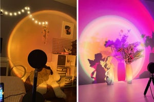 left: reviewer photo of sunset lamp shining on ceiling. right: reviewer photo of sunset lamp shining blue light onto ceiling