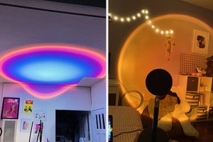 left: reviewer photo of sunset lamp shining on ceiling. right: reviewer photo of sunset lamp shining blue light onto ceiling