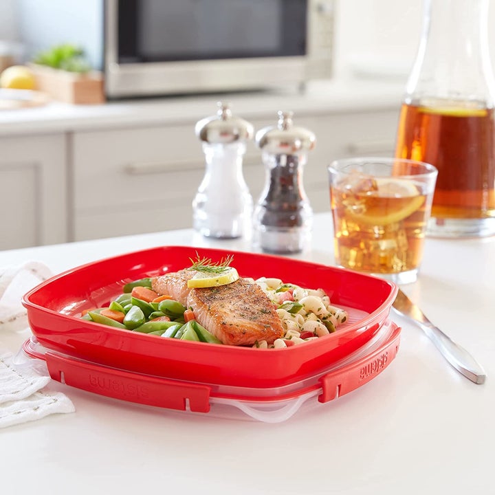 a product shot of a meal heated using the steamer