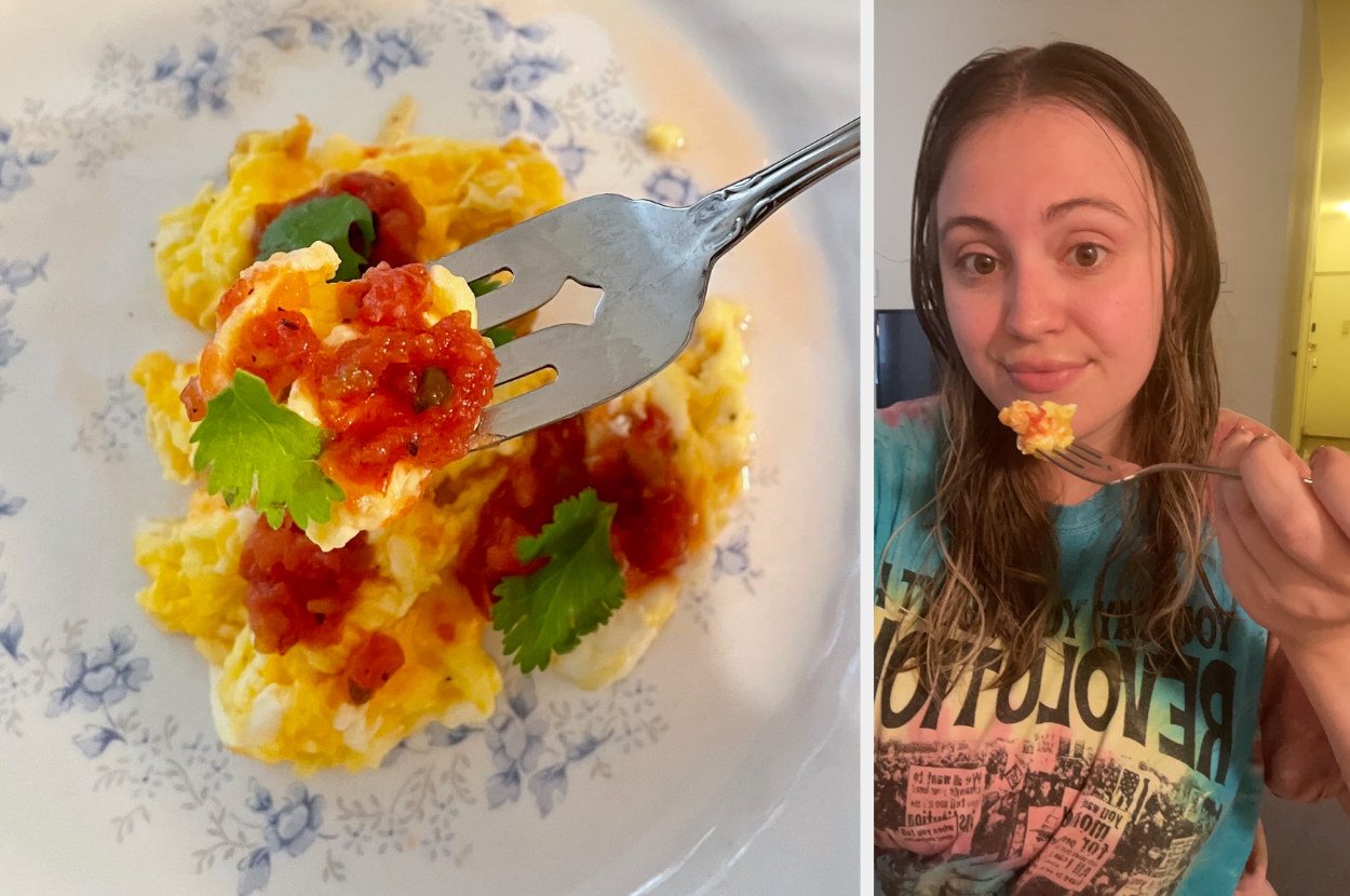 Hannah eating eggs and salsa with cilantro